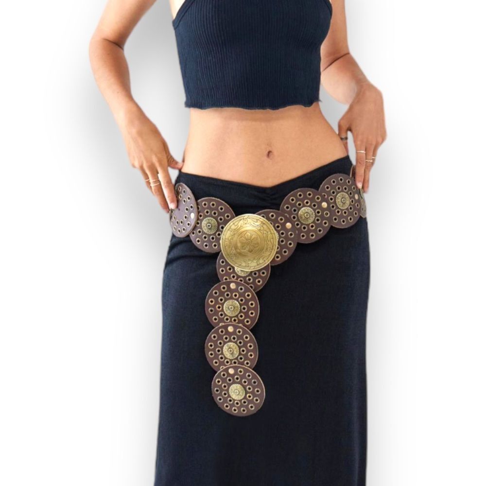 Brown Medallion Studded Coin Buckle Wide Boho Western Concho Belt NEW